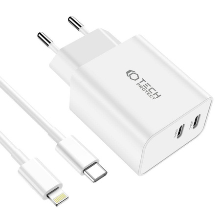 TECH-PROTECT C35W 2-PORT NETWORK CHARGER PD35W + LIGHTNING CABLE WHITE