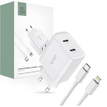 TECH-PROTECT C20W 2-PORT NETWORK CHARGER PD20W + LIGHTNING CABLE WHITE