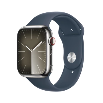 Apple Watch Series 9 GPS + Cellular 45mm Silver Stainless Steel Case with Storm Blue Sport Band - S/M